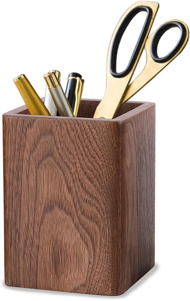 Kaizuca Wooden Pencil Holder, Stationery Organizer, Square Pen Cup Holder, Black Walnut Wood, Handwork, Desk Decoration, for Stationery, Make up Brushes, Desks, Offices (Brown)
