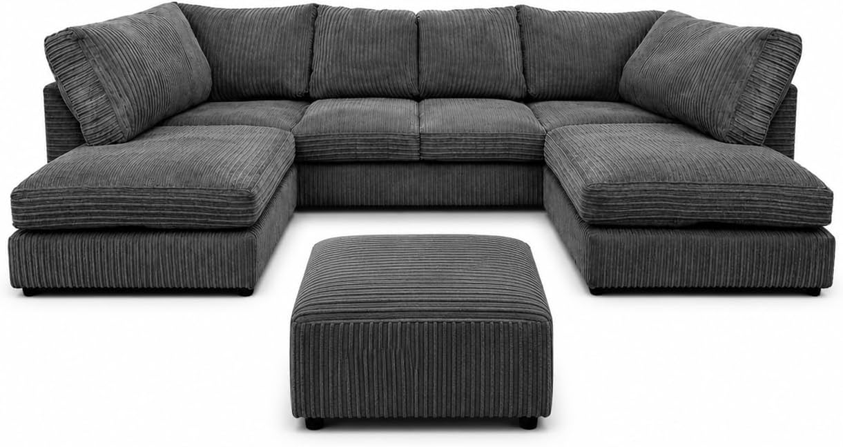 Generic U Shaped Cord Sofa - Back Cushion Sofa with Memory Foam Seating & Removable Covers - Versatile for Living Room, Bedroom, Office (Grey, Full Back)