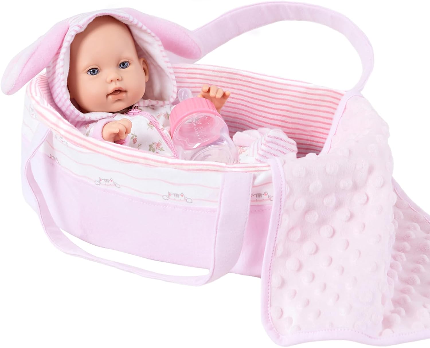 12" Girl Baby Dolls Bunny Theme Adoption Realistic Alive Dolls Carrier Bassinet Playset with Outfits,Blanket,Bunny Toy Stuff for Toddler 3 Ages and Up