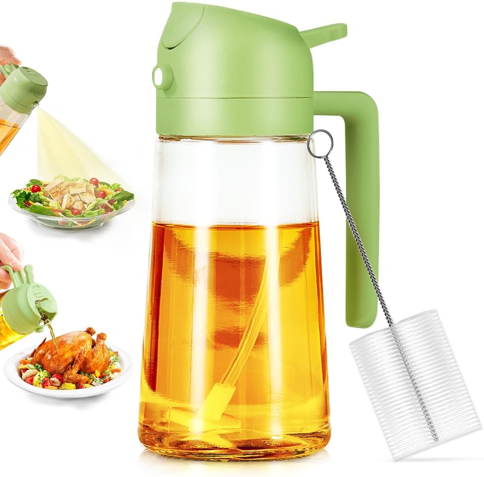 Showvigor 2 in 1 Oil Spray Bottle, 470ml/ 16oz Olive Container,Cooking Oil Spray Glass for Used for Air Fryer, Baking, Grilling(GREEN)