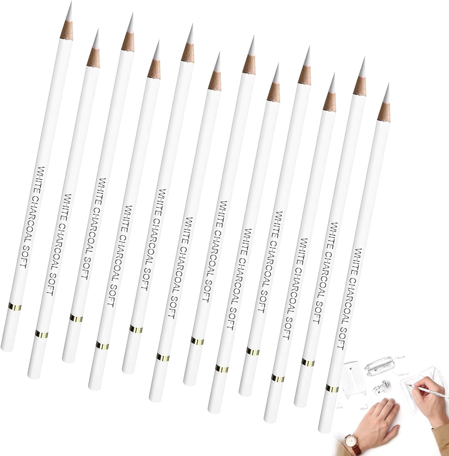 Tholire 12 PCS White Charcoal Pencils for Drawing | Highlight Sketching Set | Smooth, Fine Lines | Ideal for Artists, Beginners, and Professionals | Non-Toxic, Break-Resistant, Easy to Sharpen