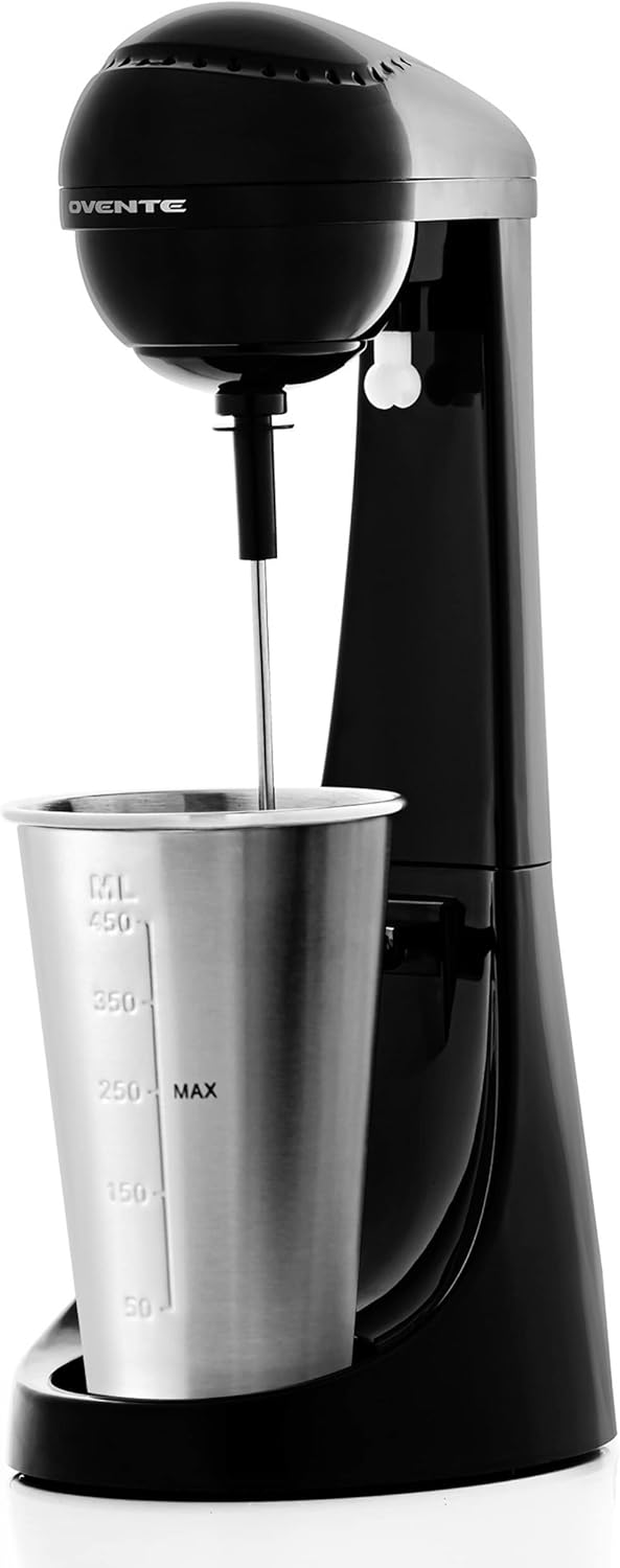 OVENTE Classic Milkshake Maker Machine 2 Speed with 15.2 Oz Stainless Steel Mixing Cup, Compact & Easy Clean Drink Mixer Blender for Malted Milk, Soft Ice Cream, and Protein Shakes, Black MS2070B