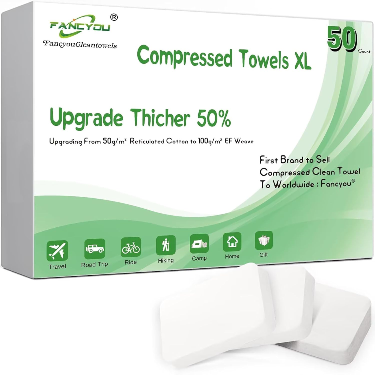 Compressed Disposable Face Towel Large,Soft Facial Cleansing Cloths Towelettes,Thicken Washcloth Compact Portable Wash Cotton Wipes Tablets for Beauty Salon,Personal Care,Travel(50PCS Green)