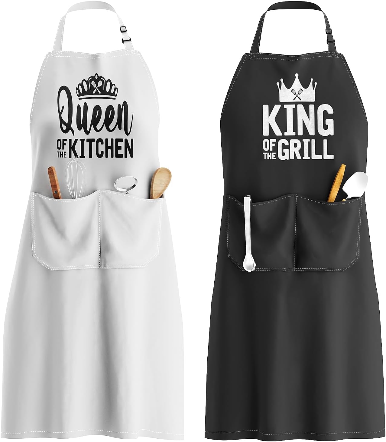 King & Queen Apron Set - Wedding Engagement Gifts for Couples, Funny Kitchen Gifts for Couples, Husband, Wife, Boyfriend, Girlfriend, Him Her, Bridal Shower Gifts, Unique Valentine's Day gifts ideas