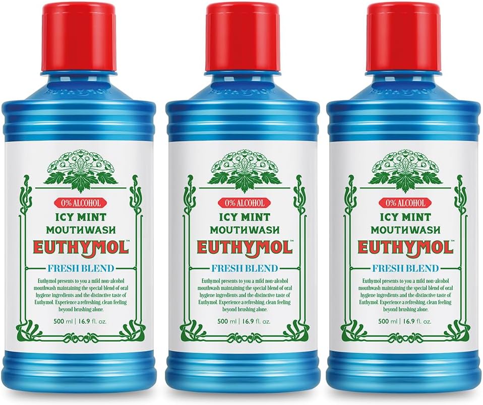 Euthymol Mouthwash ICY Mint 500ml x 3, Contains Flouride Alcohol-Free, Distinctive Strong Taste Flavour, Reduce Plaque Gingival Clean Healty Teeth Gums, Freshens Breath Refreshing Oral Dental Care