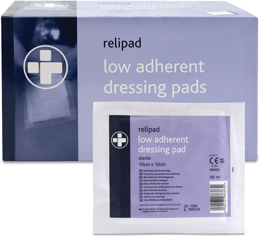 Reliance Medical Relipad First Aid Sterile Dressing - Low-Adherent, Absorbent Dressing Pads For Minor Abrasions, Lacerations And Wounds, 10 cm x 10 cm, Pack of 100
