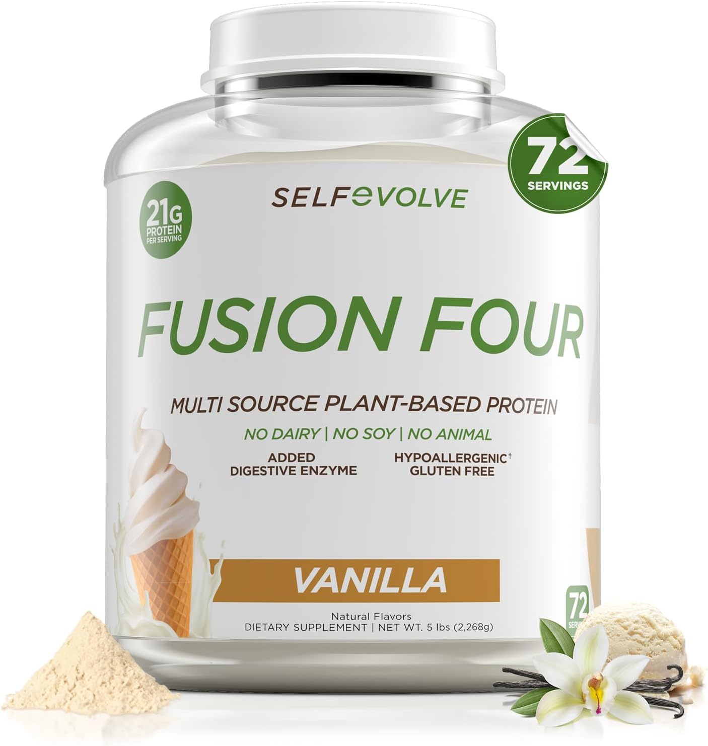 Fusion Four Vegan Protein Powder - 21g Plant-Based Protein Powder - Gluten Free, Soy-Free and Dairy Free Protien Powder, for Smoothies and Shakes - Vanilla Protein Powder - 5lbs
