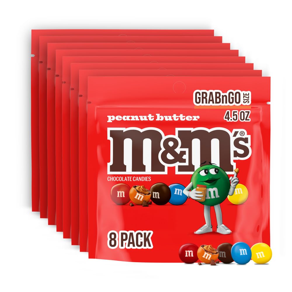 M&M'S Milk Chocolate Peanut Butter Candy, Grab N Go 4.5 oz Bag | Chocolate peanut butter candy; portable snack food; on the go road trip snacks in a resealable 4.5 oz candy bag