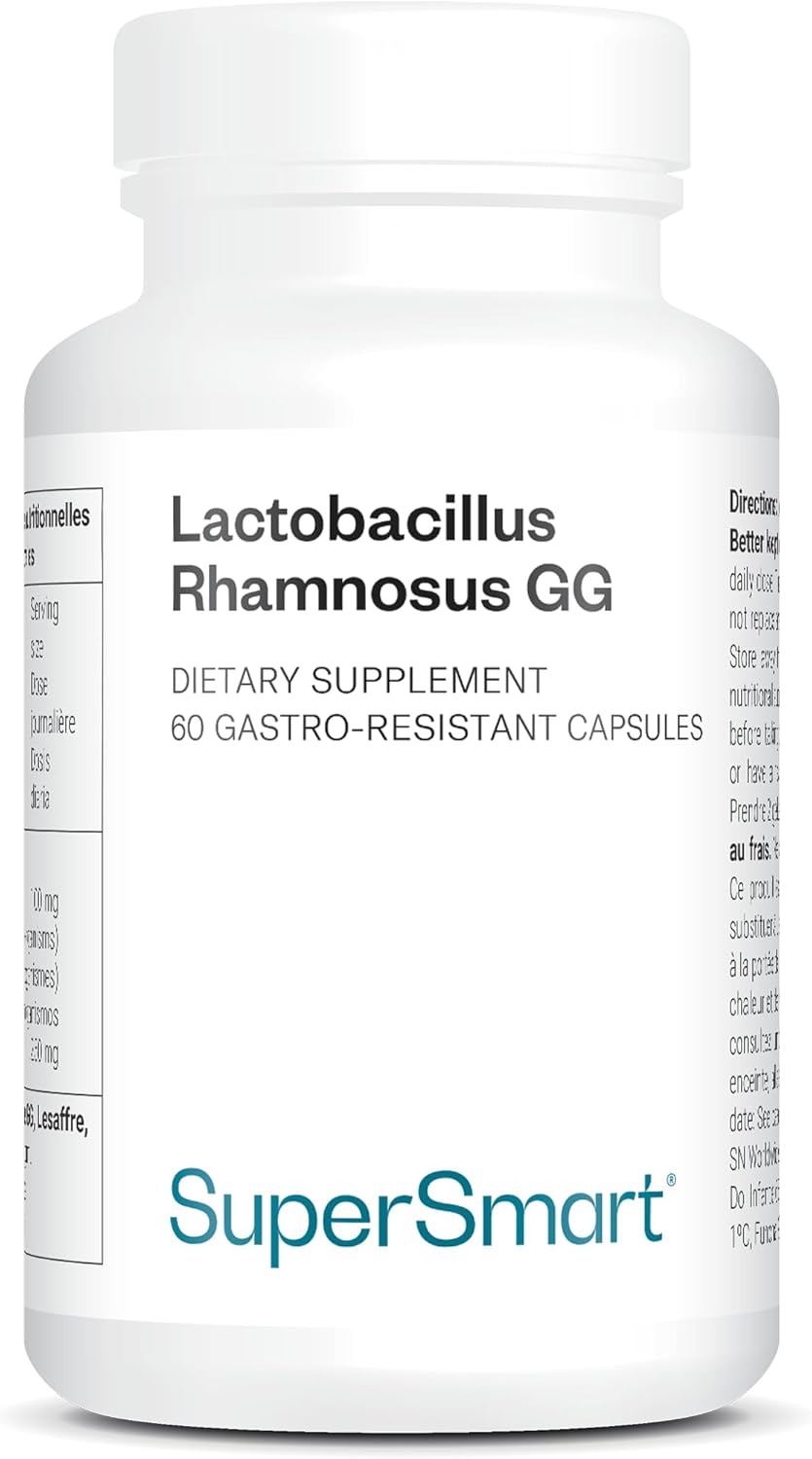 Lactobacillus Rhamnosus GG - Probiotic - Balances Microbiota and Gut Flora - Boosts The Immune System - Stimulates Lactobacillus Production - 60 Capsules - Vegan - Gluten-Free - Non-GMO - SuperSmart