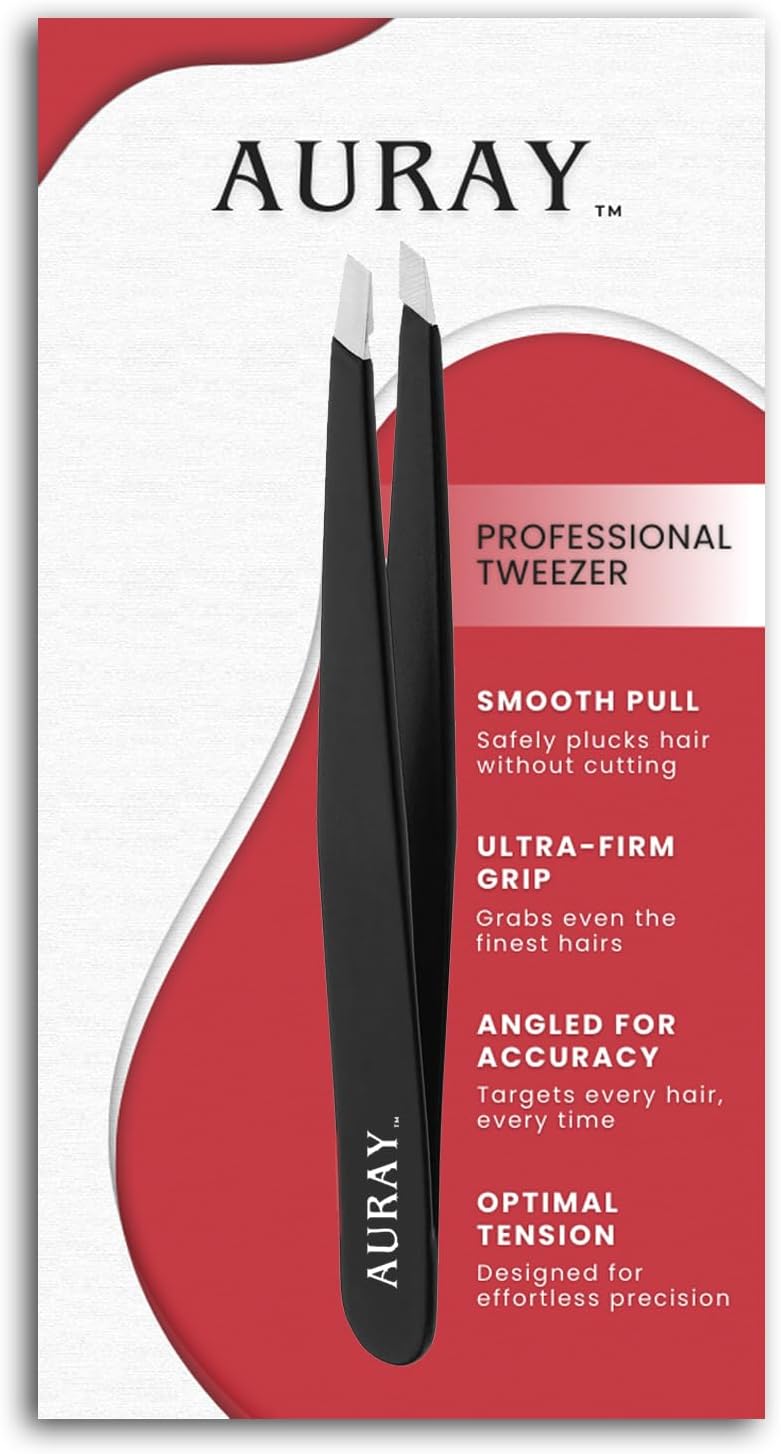 Eyebrow Tweezers Women Facial Hair, Stainless Steel Facial Hair Removal Precision Tweezer for Men & Women in Black, Slanted Tip Eyebrow Plucker for Easy Plucking, Professional Tweezers by AURAY