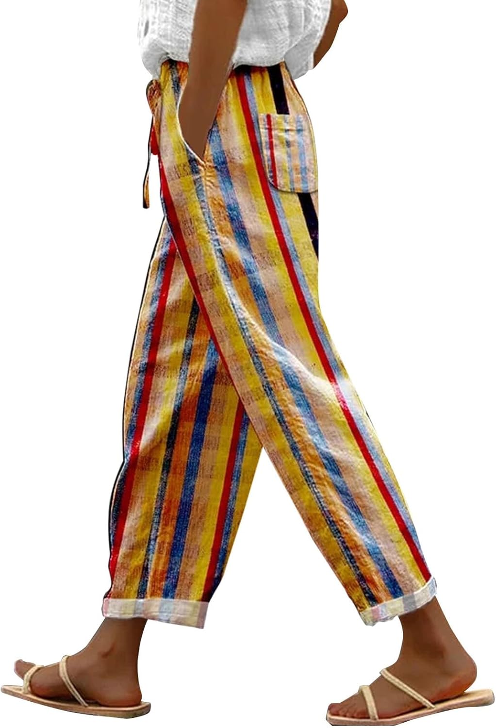 Womens Linen Summer Capri Pants Capri Pants with Pockets Wide Leg Cropped Pants for Women Comfy Loose Summer Beach