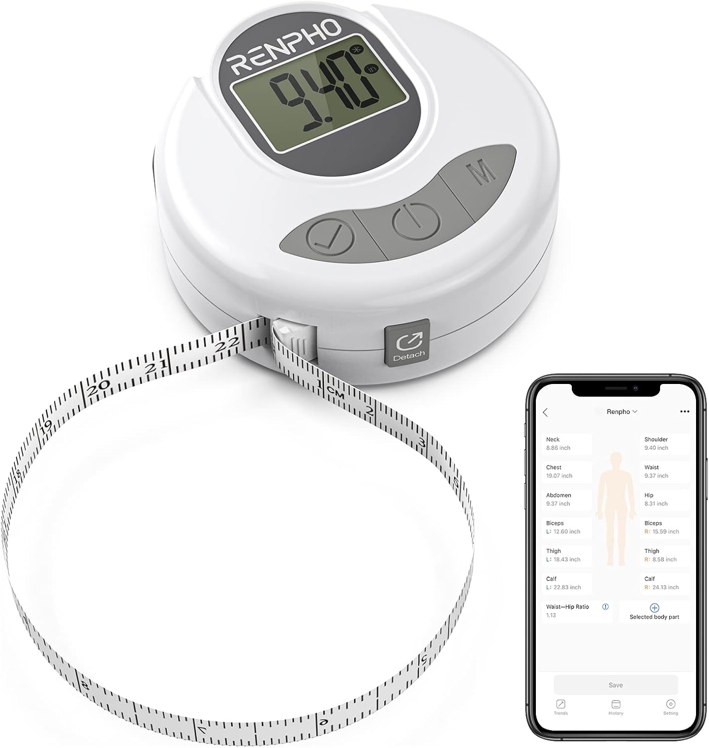 RENPHO Digital Body Tape Measure, Smart Bluetooth Measuring Tape for Body Measuring, Weight Loss, Muscle Gain, Fitness Bodybuilding, Retractable, Auto Accurate Measures Body Part Circumferences