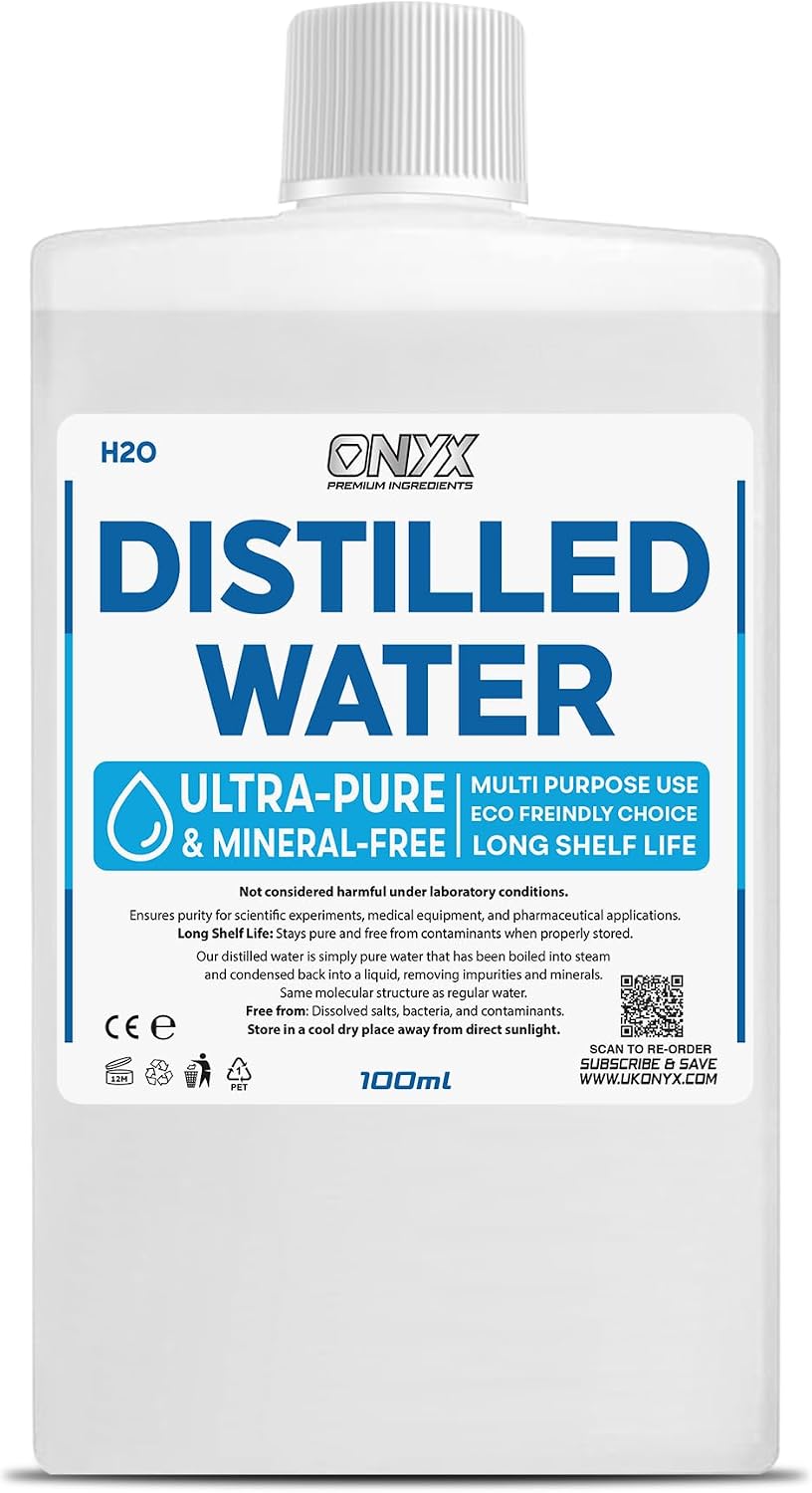 Distilled Water 100ml - 100% Ultra Pure Water - For Labs, Irons, Humidifiers, Cleaning, Engines and more - Distilled in UK (0.1L)