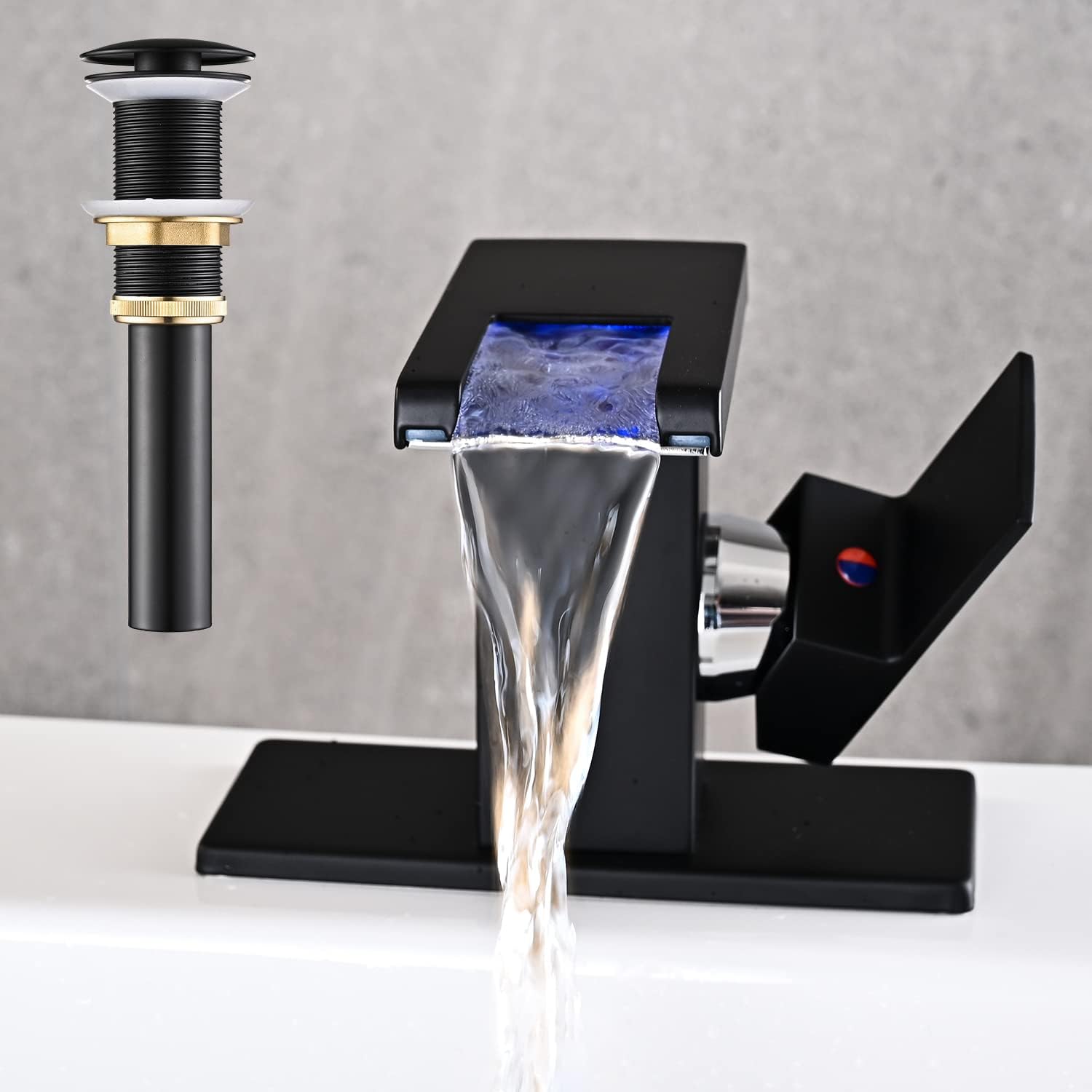 LED Bathroom Sink Faucet, Matte Black Waterfall Single Hole Handle Vanity Faucets for Sinks 1 Hole with Metal Pop Up Drain and 2 Water Supply Lines, Side Handle