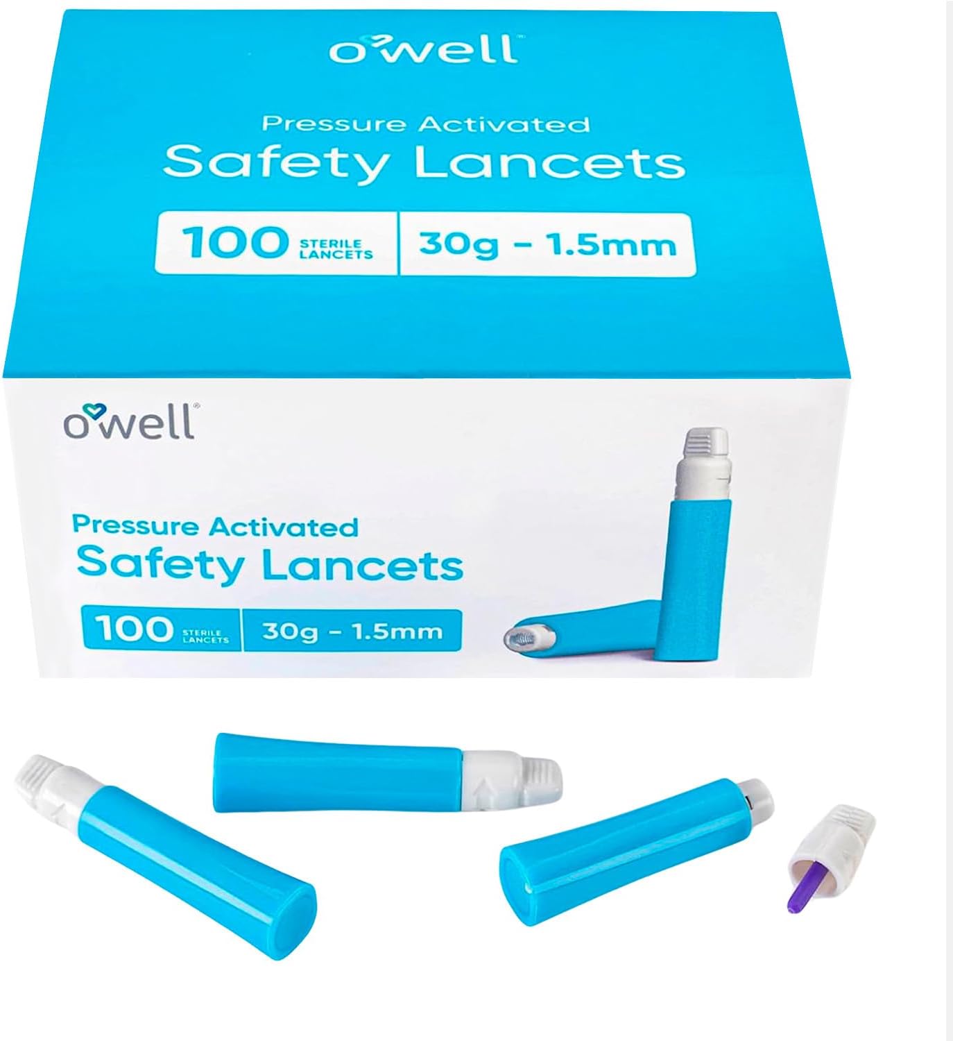 OWELL® Safety Lancets 30G x 1.5mm – 100 Count | Ultra-Fine Tip for Sensitive Skin | Sterile, Preloaded, Medical-Grade, Pressure Activated Lancets for Diabetic Testing