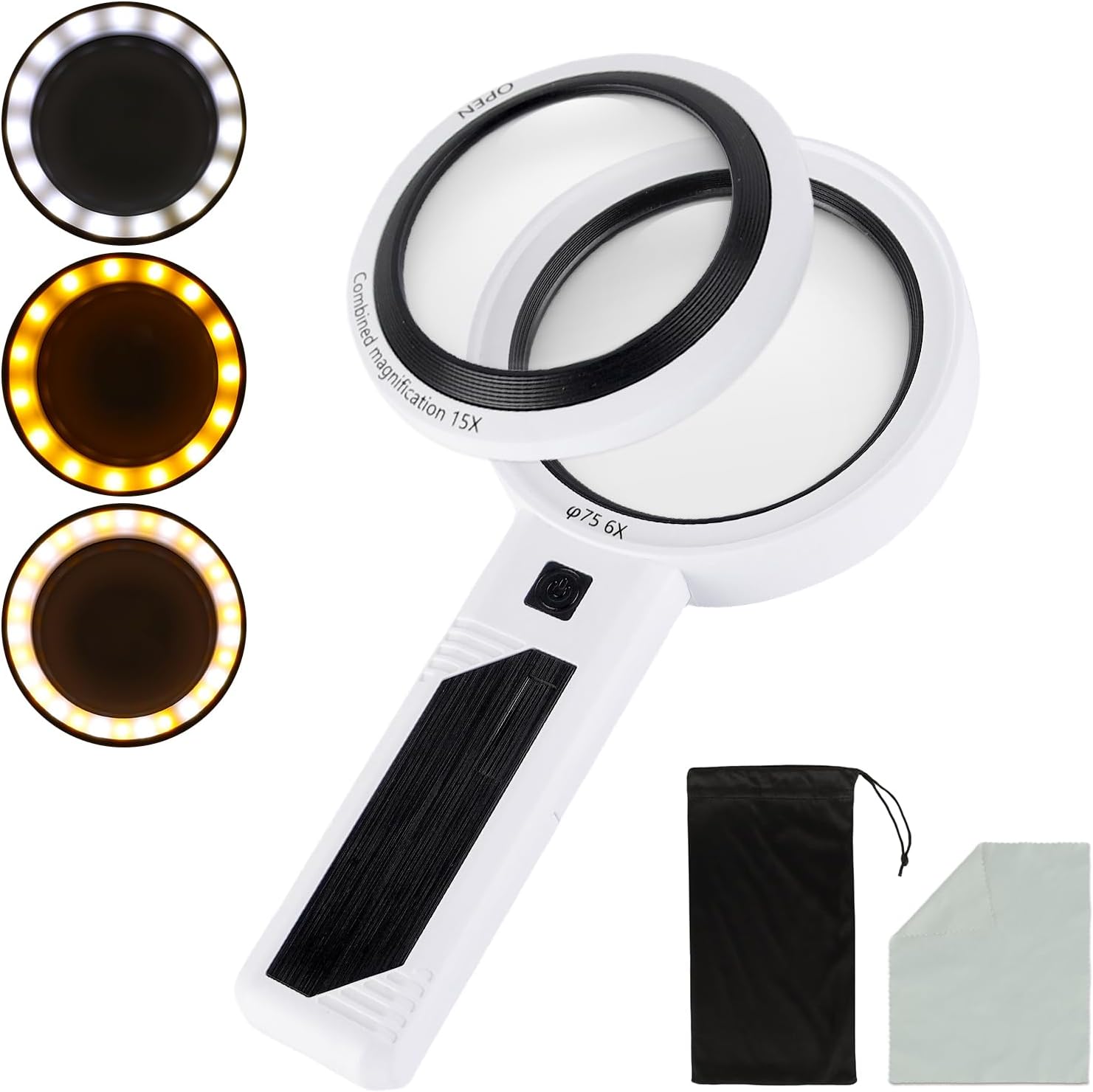 6X/15X Magnifying Glass with Light, lighted magnifying glass for Reading, Handheld Magnifier with 30 LED Light and Anti-Glare Lens, Ideal Gift for Seniors, Macular Degeneration, Low Visions