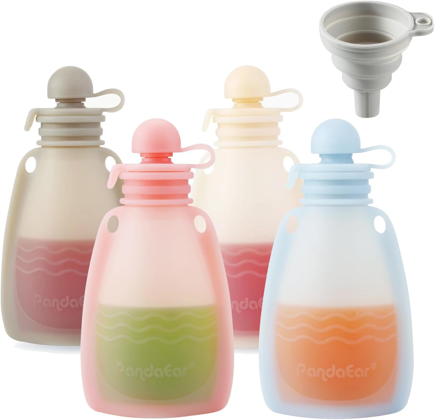 PandaEar 4 Pack Reusable Silicone Baby Food Pouches, Squeeze Pouches for Toddler Kids, BPA-Free Silicone Refillable Baby Food Storage, 5.5 oz