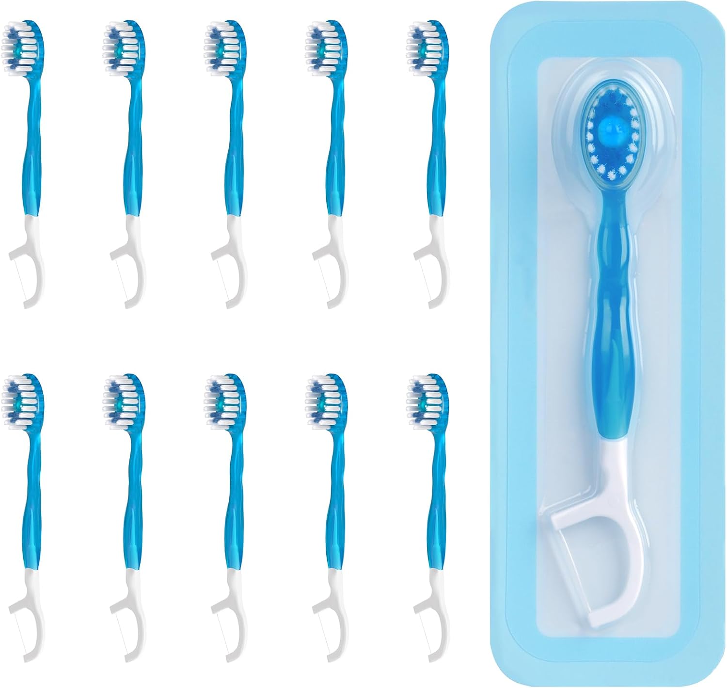 Disposable Mini Travel Toothbrushes, 5-in-1 Pre-Pasted Mini-Brush+Floss+Pick+Tongue Scraper, Prepasted On The Go Toothbrush for Travel, Portable Toothbrush with Freshening Bead, Coolmint, 10 Count