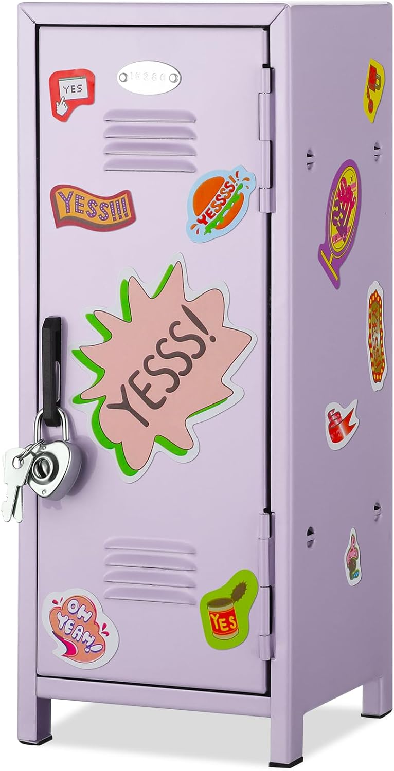 Vercraft Mini Locker with Lock Keys Stickers 10.8inch Small Storage Locker Desk Locker Metal Small Locker Miniature Storage Locker Functional Safe Metal Locker for Desktop Bedroom Home Office(Purple)
