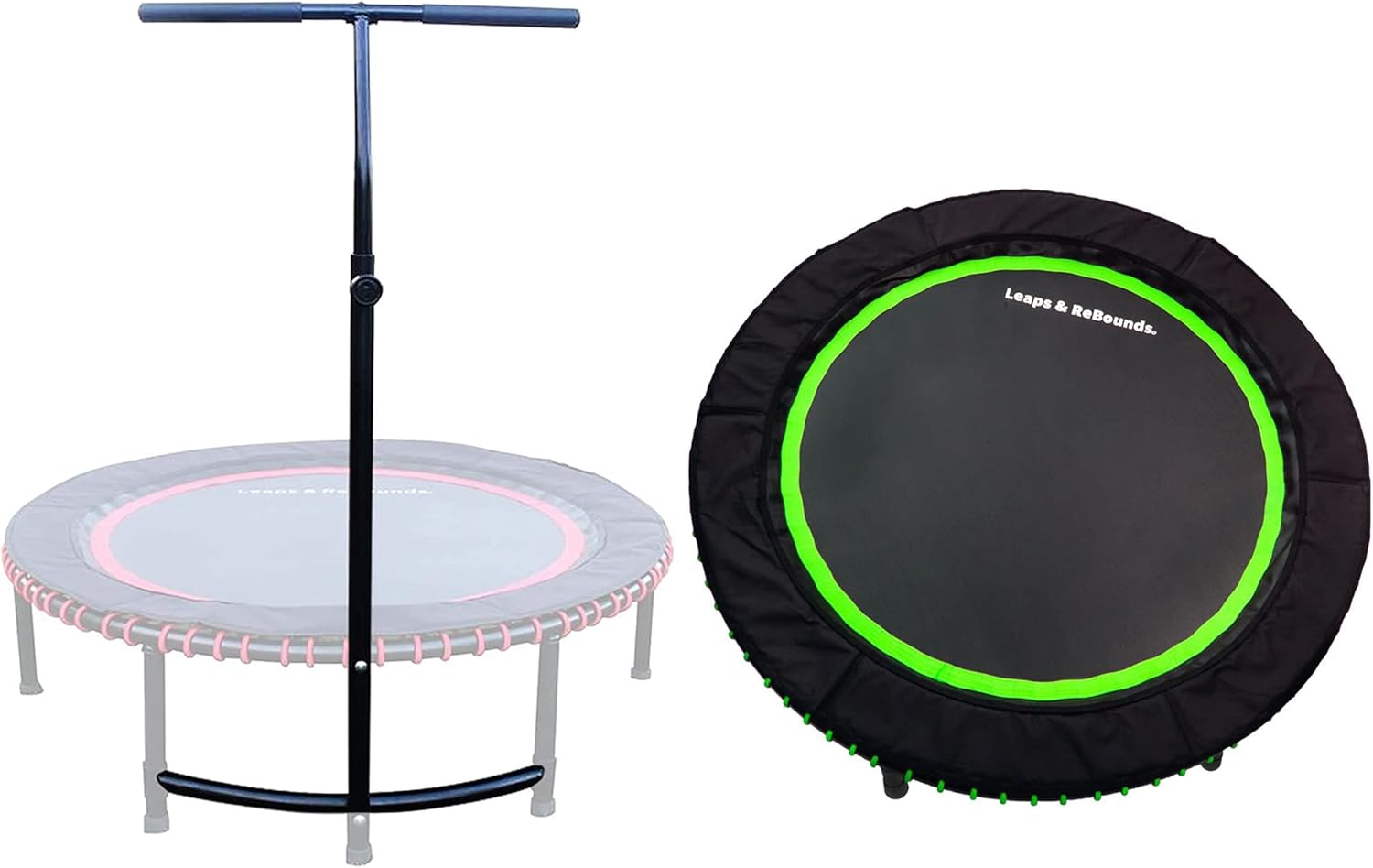 LEAPS & REBOUNDS 40" Adjustable Stability Bar Attachment with 40" Mini Fitness Trampoline and Home Gym Rebounder for Cardio Exercises, Green