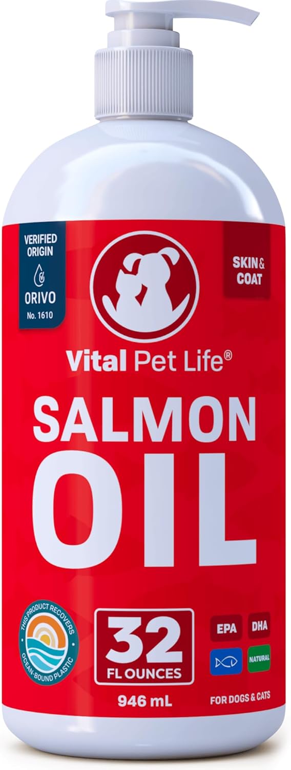 Salmon Oil for Dogs & Cats - Healthy Skin & Coat, Fish Oil, Omega 3 EPA DHA, Liquid Food Supplement for Pets, All Natural, Supports Joint & Bone Health, Natural Allergy & Inflammation Defense, 32 oz