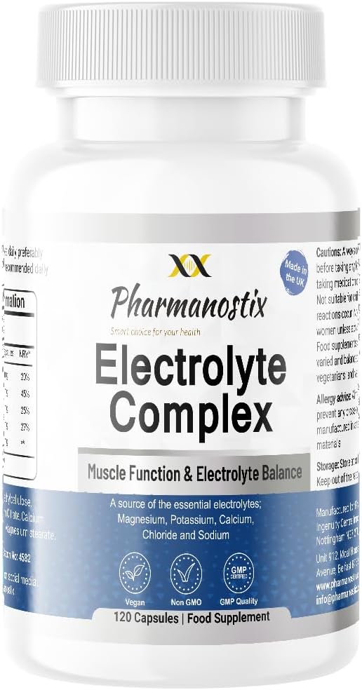 Electrolytes Complex –Magnesium, Potassium, Calcium, Sodium & Chloride – Muscle Function, Rehydration, Salt Replacement, Cramp, Hydration & Recovery – High Strength 120 Caspules