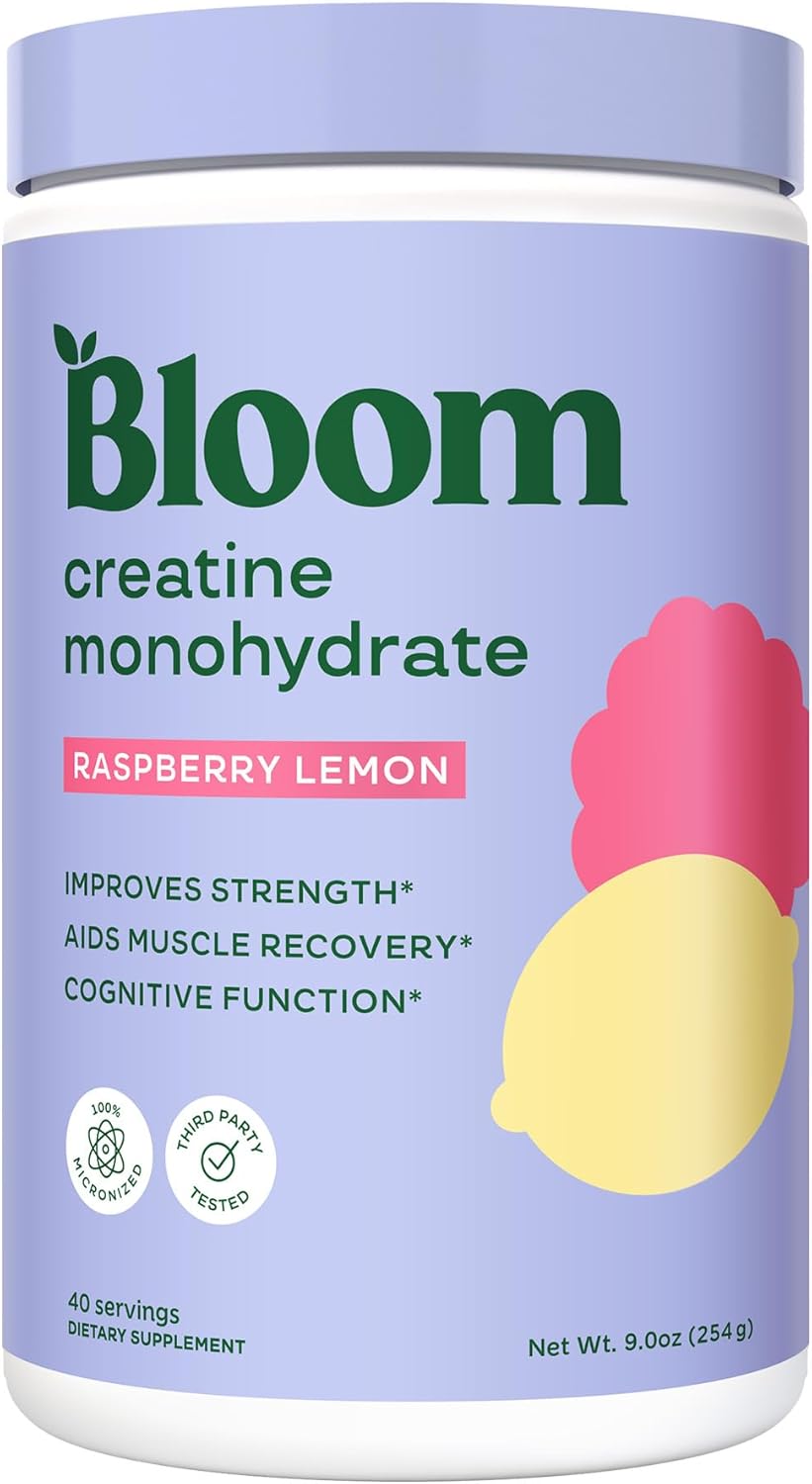 Bloom Nutrition Creatine Monohydrate Powder, 5g Micronized Creatine per Serving, Supports Muscle Recovery, Strength, Endurance, Pre or Post Workout, Gluten Free, Non GMO, Raspberry Lemon, 40 SVG, 9 oz