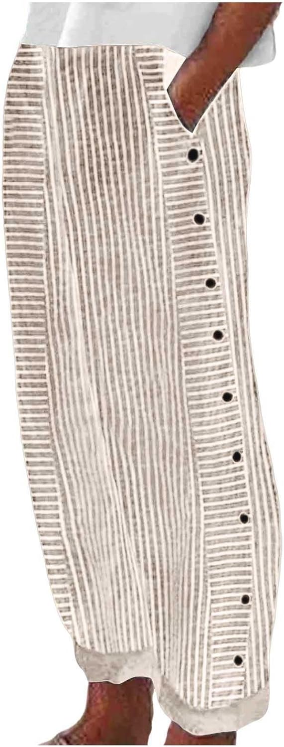 Women's Casual Pants Striped Side Button Elastic Waist Trendy Pants Straight Leg Baggy Trousers with Pockets