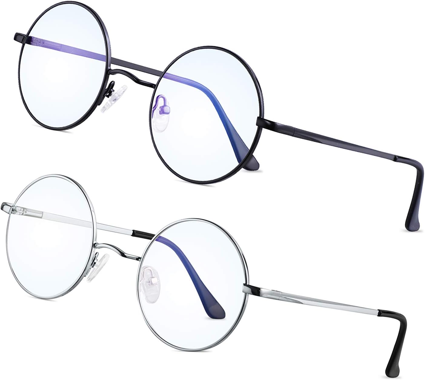 Brigtlaiff Round Blue Light Blocking Glasses for Men Women John Lennon Style Computer Gaming TV Glasses Anti Eyestrain (Black+Silver)
