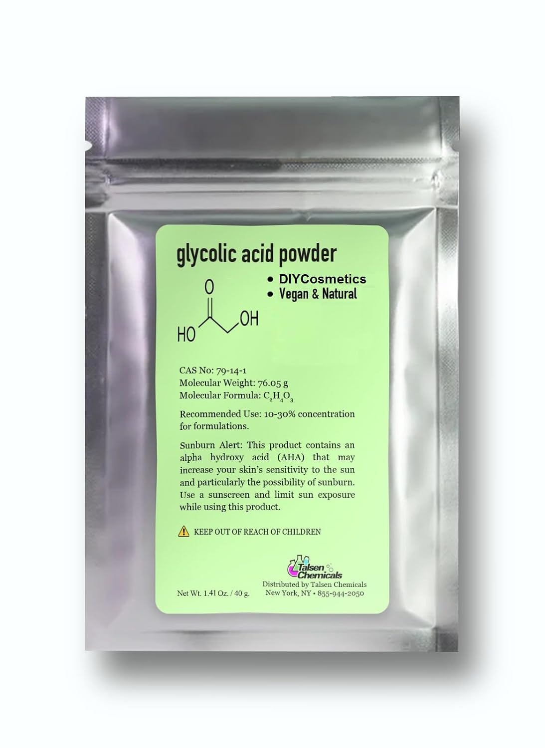 Glycolic Acid Powder (1.41 Oz / 40 grams) Cosmetic Grade Crystals for DIY Skincare, Serums, and Lotions by Talsen Chemicals