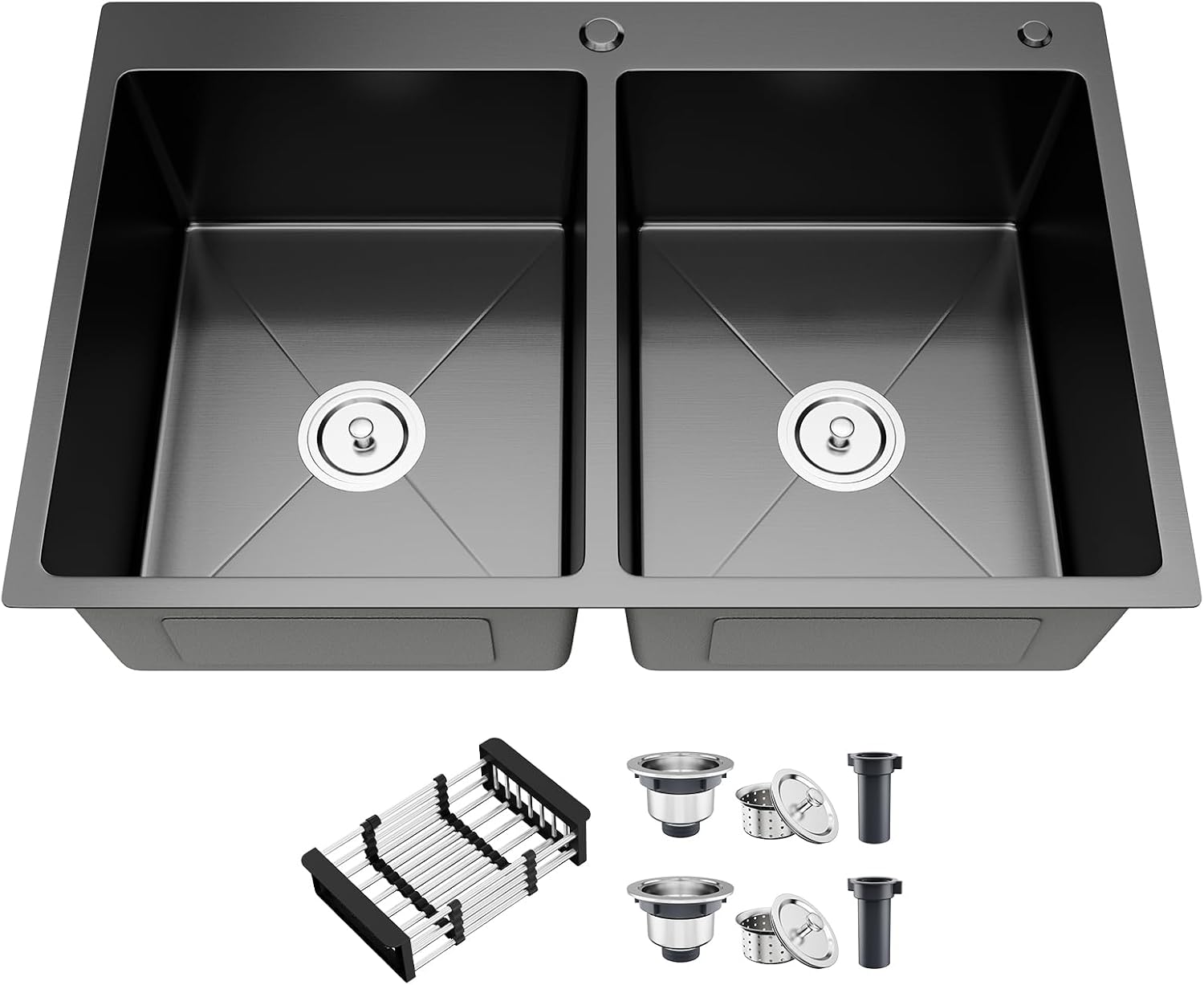 33 Inch Black Kitchen Sink, Drop In Double Bowl Kitchen Sink with Nano Coating, 304 Stainless Steel Topmount Kitchen Sink with Drain Assembly & Fruit Basket (33" x 22" x 9")
