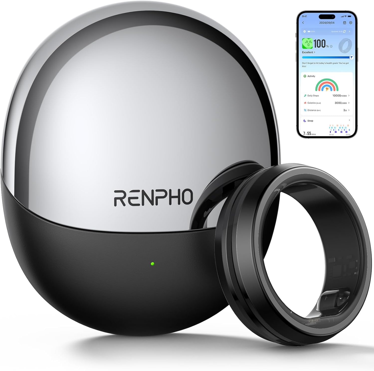 RENPHO Lynx Smart Ring, Size First with Sizing Kit, Fitness Tracker for Women & Men, Sleep Tracker, 7-Day Battery Life, Titanium, Waterproof, Subscription-Free App, HSA/FSA Eligible (Black, Size 10)