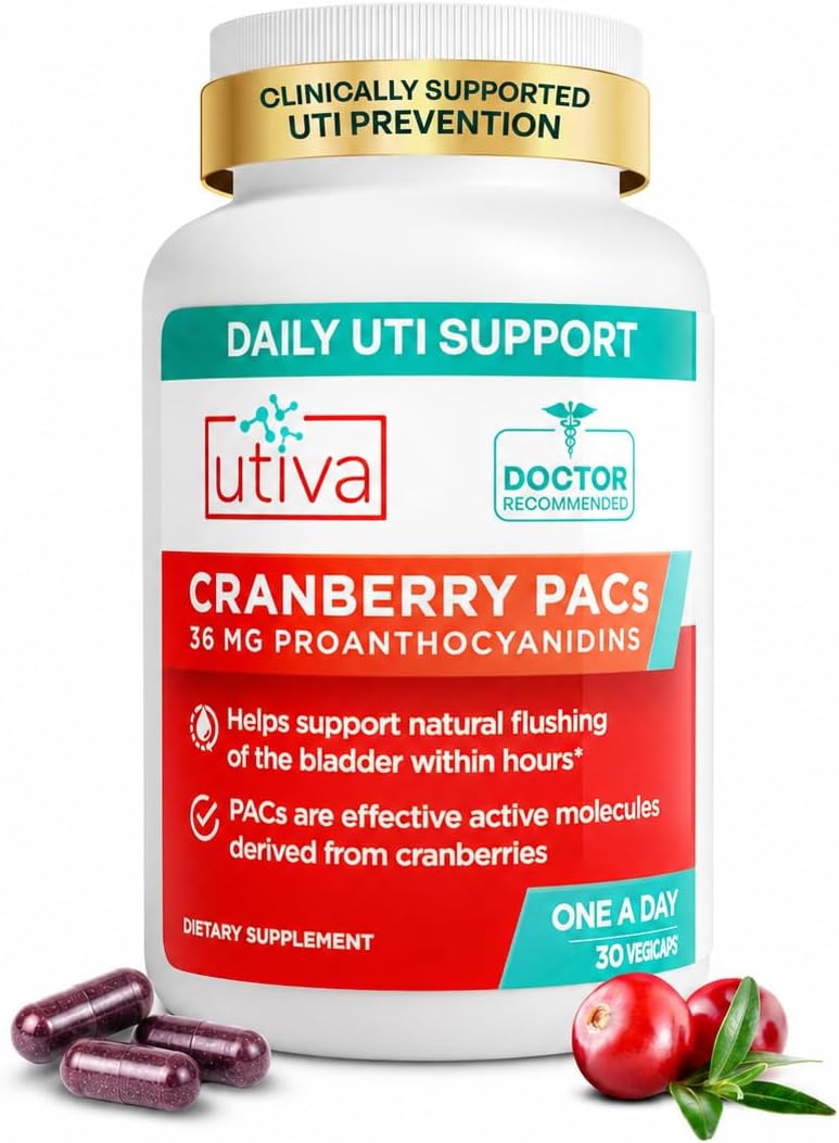 Szio+ Utiva Cranberry PACs 36 mg, Daily UTI Support for Women, 30 Capsules | Doctor-recommended UTI prevention with clinically studied cranberry extract for bladder health