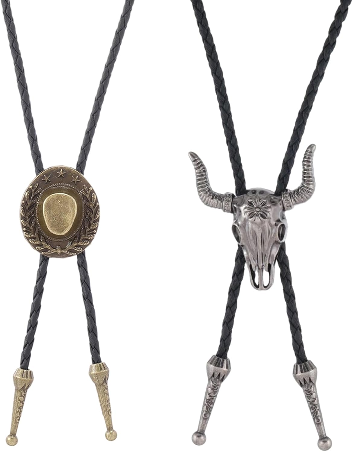 ZPLASK 2Pcs Cowboy Necklace, Bolo Tie, Gold Leather Cowboy Accessories Fashion Retro Neckties Pendant, Adjustable Length Western Cow Skull Cowboy Accessories for Men Gift for Husband Dad