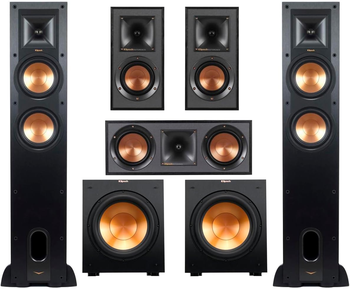 Klipsch Reference 5.2 Home Theater Pack with 2X R-26FA Floorstanding Speaker, 2X R-12SW Subwoofer, R-25C Center Channel Speaker and 2X R-41M Bookshelf Speaker, Black