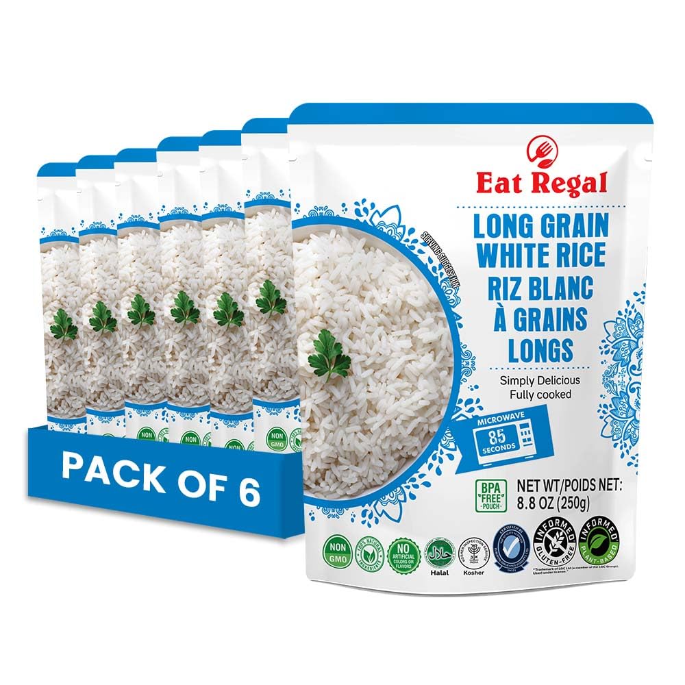 Eat Regal Long-Grain White Rice In Hood & Tray, Ready To Eat in 85 Seconds, Microwavable in just 85 Seconds, Nutritious & Delicious 8.8 Ounce (Pack of 6)
