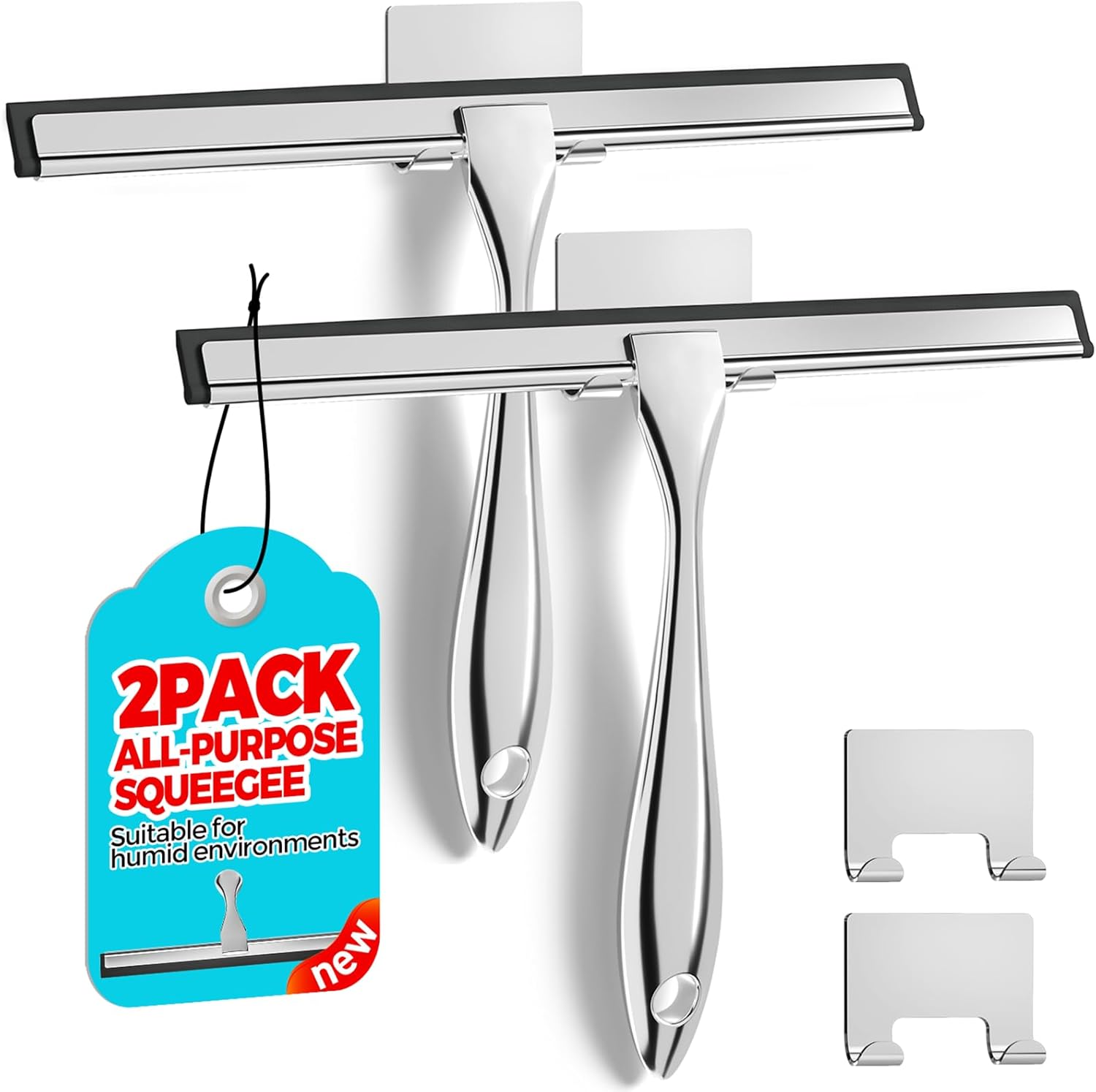 2PACK Shower Squeegee for Glass Doors, Squeegee for Shower Glass,All-Purpose Tile Walls, Bathroom, Window, Glass and Car Windshield, Mirrors and Kitchen-Stainless Steel, 10 Inches, Silver