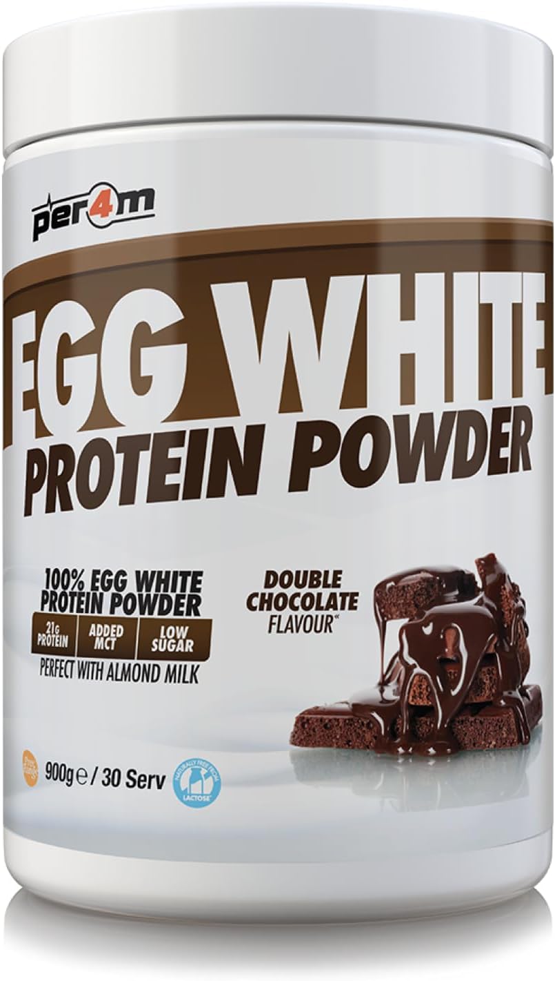 Per4m 100% Pure Free Range Egg White Protein Powder | 30 Servings High Protein Shake with Added MCT | Gut Friendly and Lactose-Free | with Essential Amino Acids (900g, Double Chocolate)