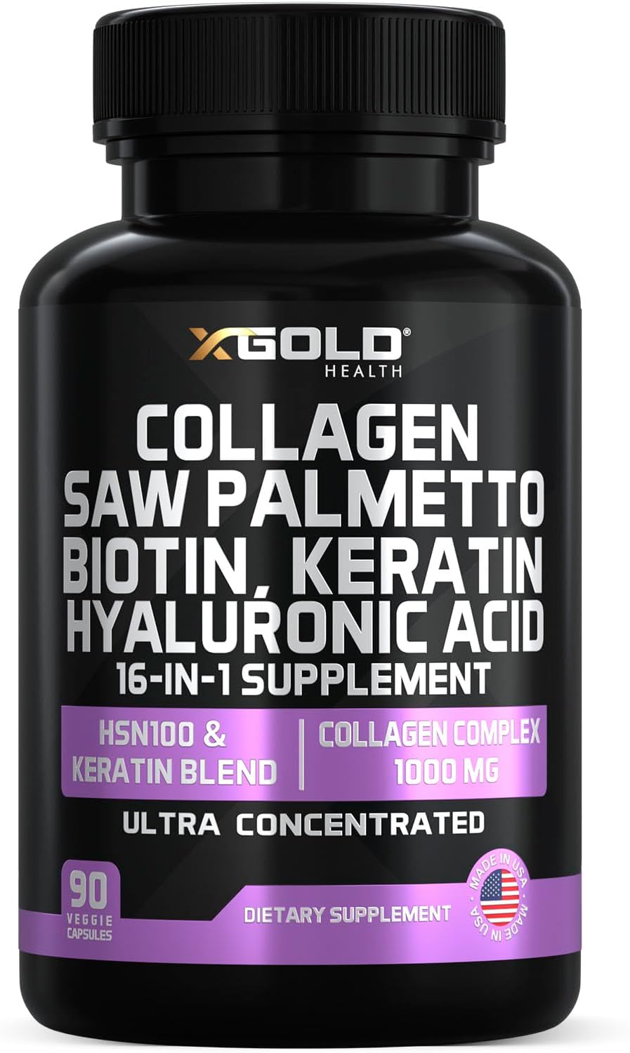 HSN100 - Collagen, Saw Palmetto, Biotin, Keratin & Hyaluronic Acid - 16-in-1 Beauty Supplement with Vitamin C & E, Collagen Complex & Keratin Blend - Hair, Skin & Nail Growth - 90 Capsules