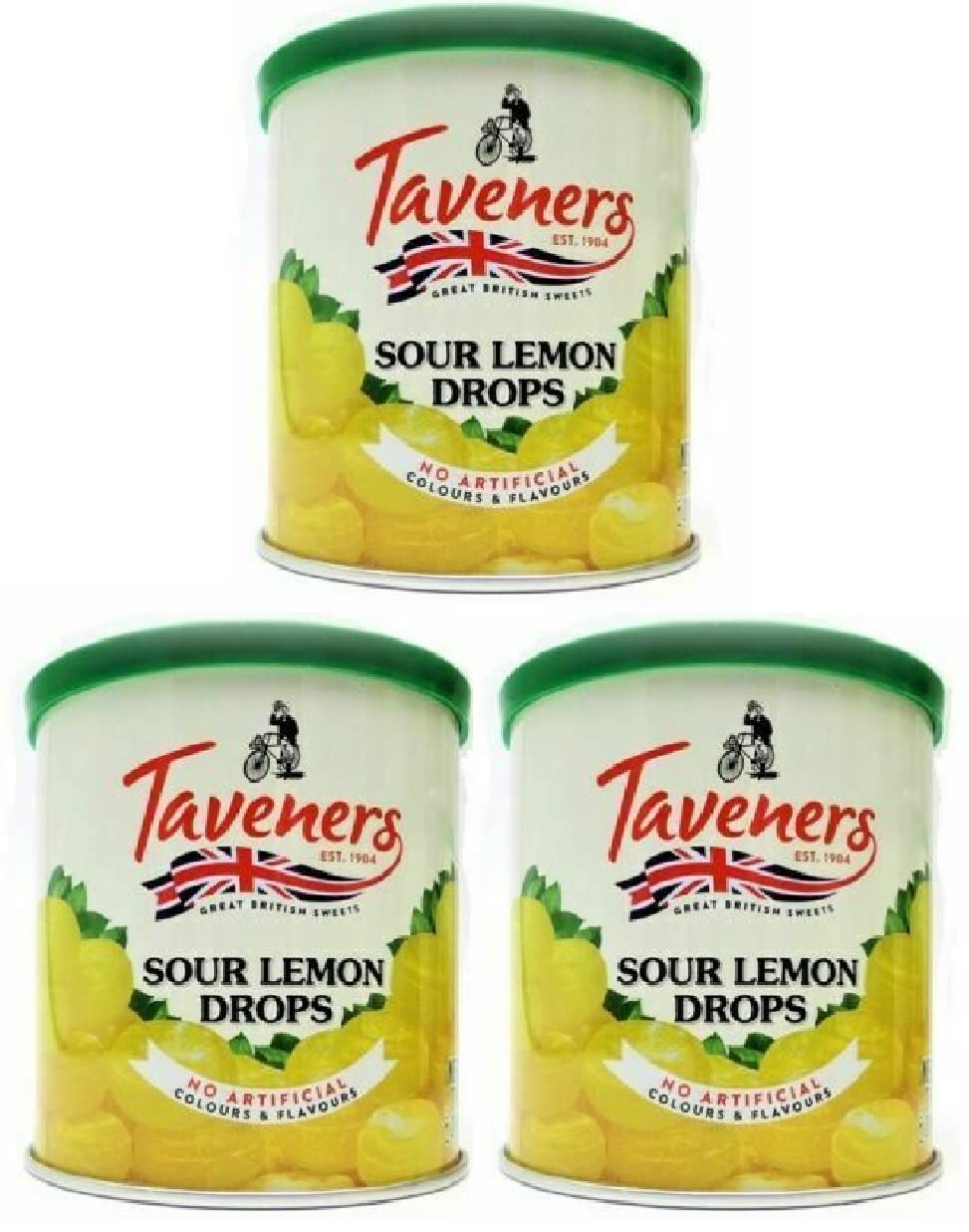 Taveners Sour Lemon Travel Sweets Drops 200g tin, (7.05 Ounce) - 3 pack