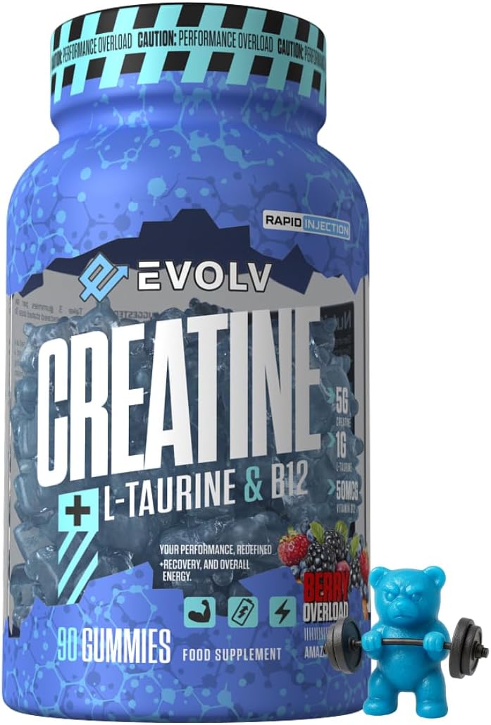 Creatine Monohydrate Gummies + L-Taurine & B12 | 90 Vegan | Overload Creatine Gummies 5000mg | Pre Workout & Post Workout Energy for Men & Women | Sugar-Free Creatine Max Gummies