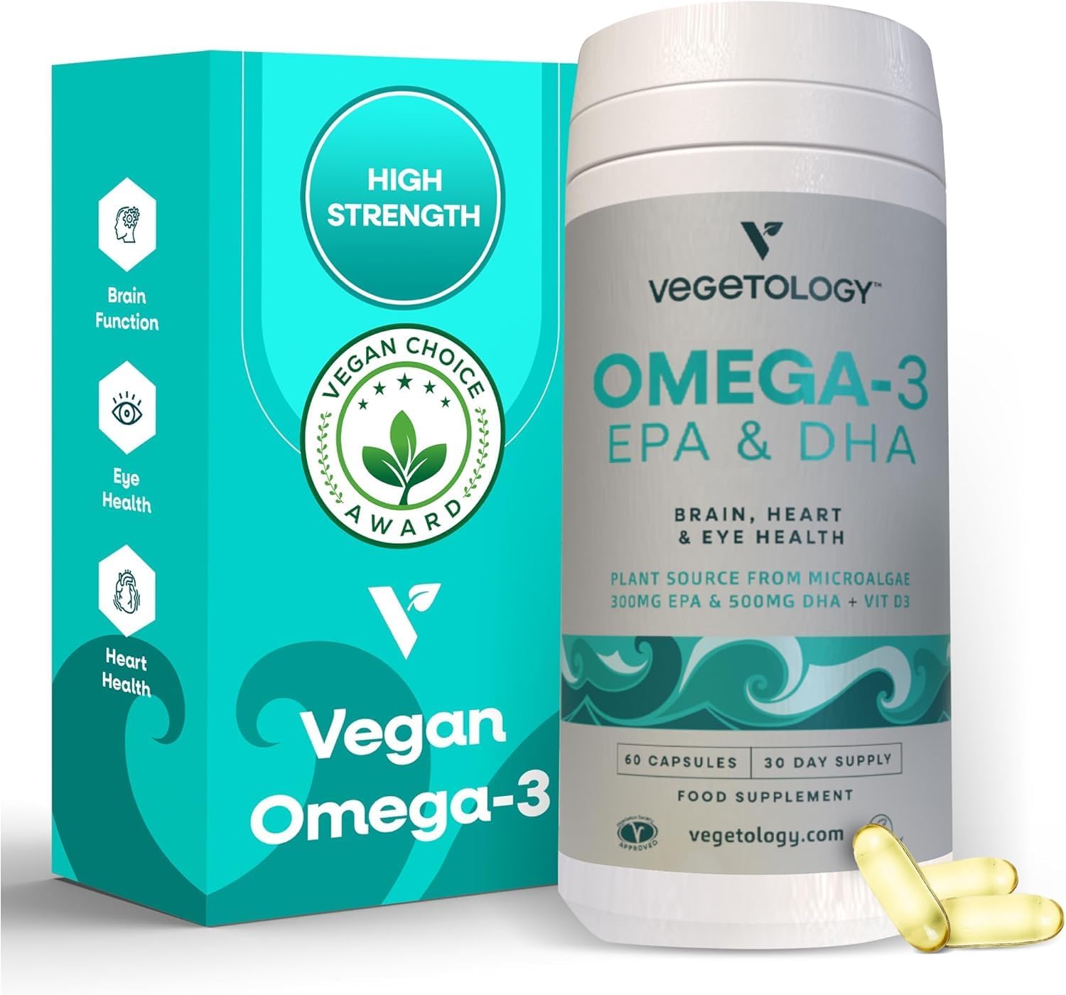 Vegetology, Vegan Omega 3 Capsules High Strength, 800mg of EPA DHA from Algae Oil, with Added Vitamin D3, Supports Heart, Brain Function and Eye Health, 60 Capsules, UK Made