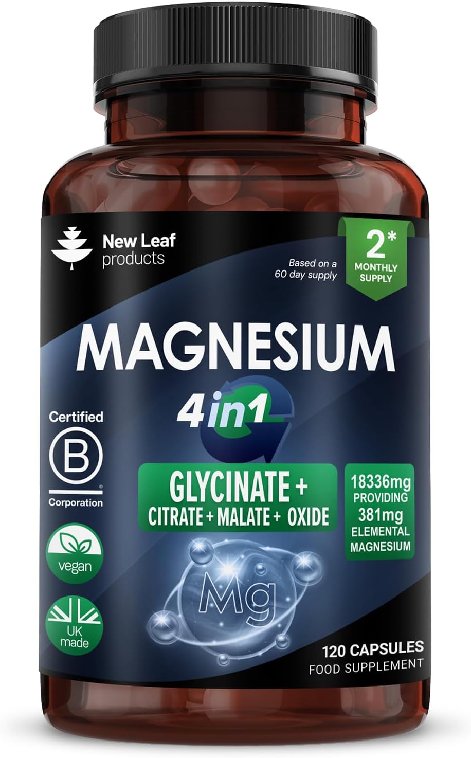 Magnesium Glycinate 4-in-1 Complex 1836mg – 381mg Elemental Per Serving – High-Strength Magnesium with Bisglycinate, Citrate, Malate, Oxide – 120 Vegan Capsules – UK Manufactured by New Leaf