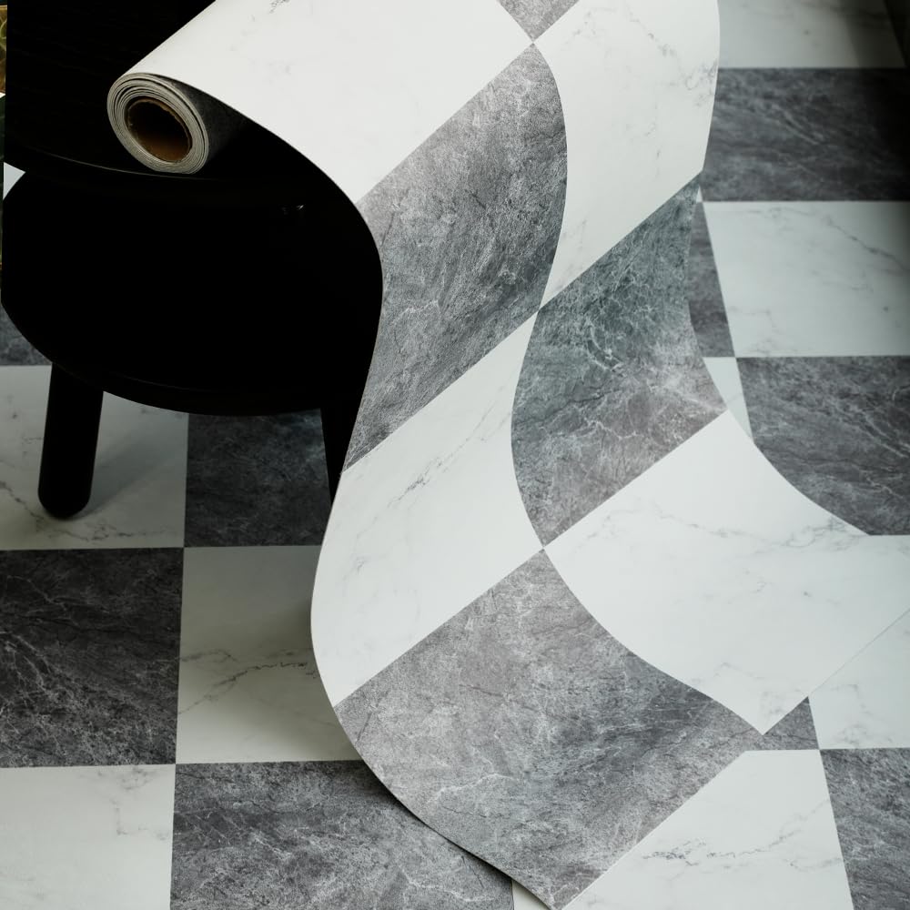 Vinyl Marble Flooring Roll – Small Size (15.7” x 6.56ft) for 8.61 sq.ft Coverage, Seamless Grain Match, Hassle-Free Peel & Stick Tile Application, Ideal for Kitchens & Bathrooms