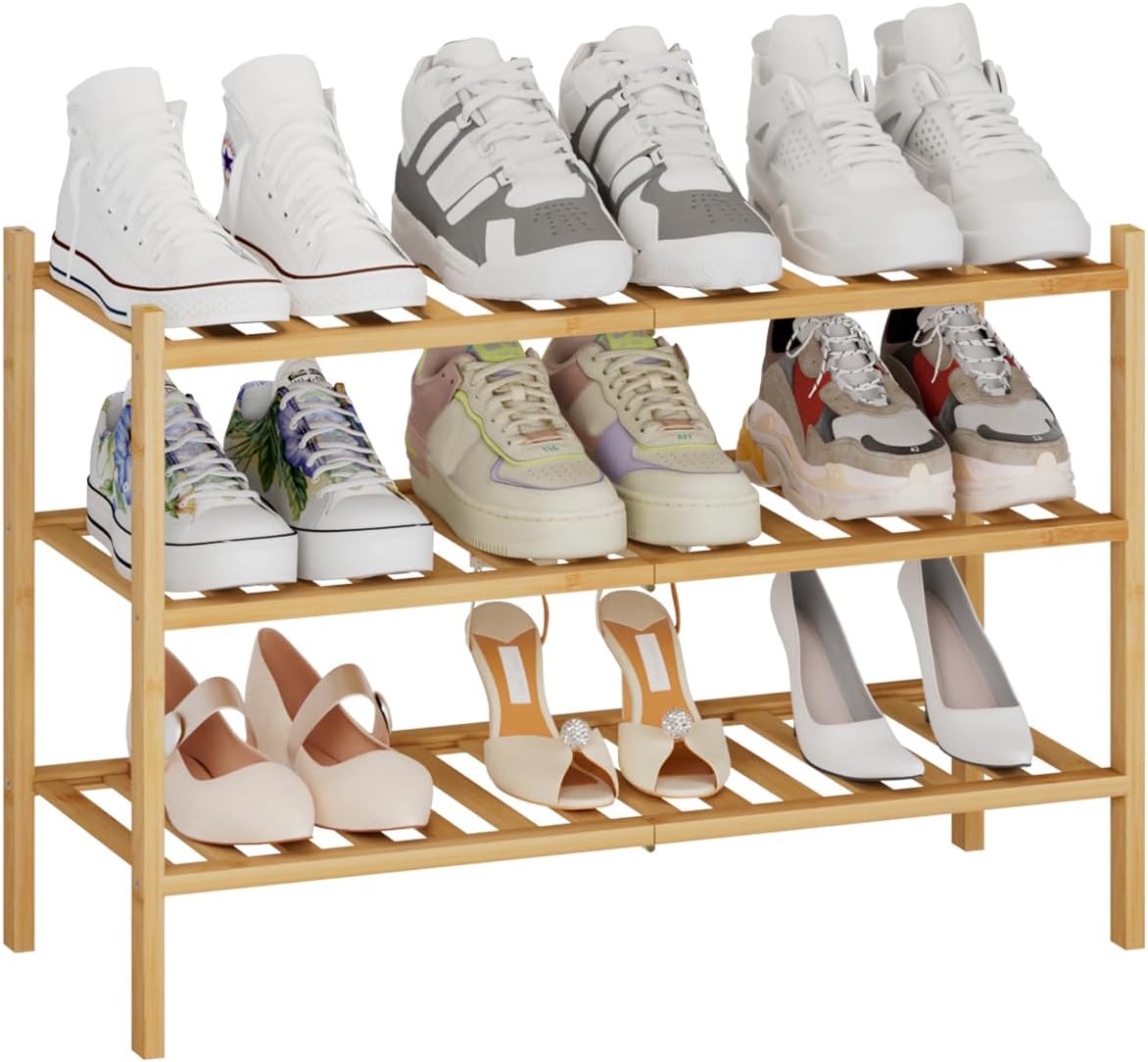 Bamboo Shoe Rack Space-Saving, Shoe Rack with 3 Levels, Shoe Shelf for Hallway, Living Room, Bedroom