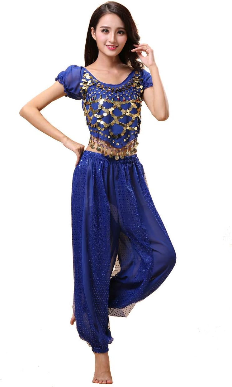 Bollywood Indian Princess Theme Belly Dance 2-Piece Costume Set Outfit for Women Girls with top and Pants (150-169cm, 30-60kg)