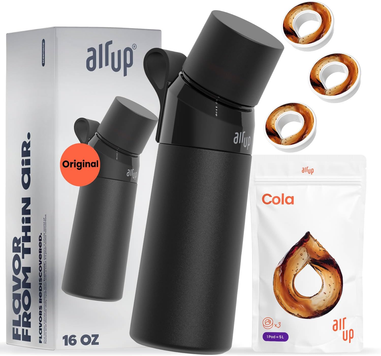 air up® water bottle (16oz) Black Steel + 3 Cola pods | Sugar free flavor pods & Water bottles with straw | Flavored water bottle