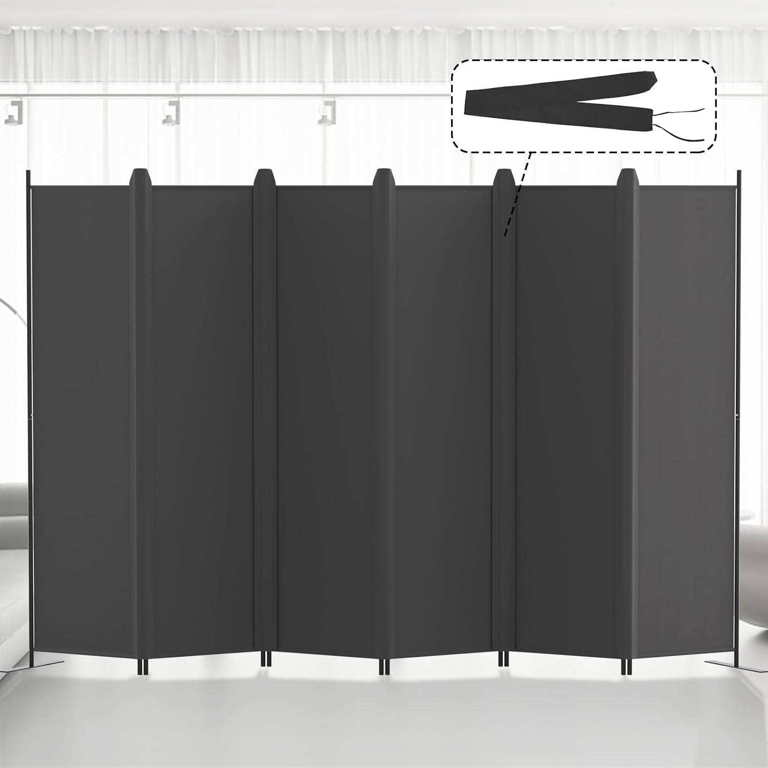 Kokorona Folding Room Divider 6 Panel, Portable Privacy Screen for Home Office, Partiton Wall Room Divider for Room Separation, Included-Cover Strips, Grey, W 305 x H 183 cm