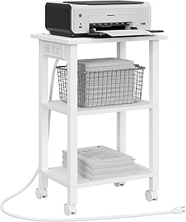 TUTOTAK 3 Tier Printer Stand, Rolling Printer Cart with Power Outlets and USB Ports, Mobile Printer Table with Wheels, for Under Desk, Office, Home, White PS02BW001