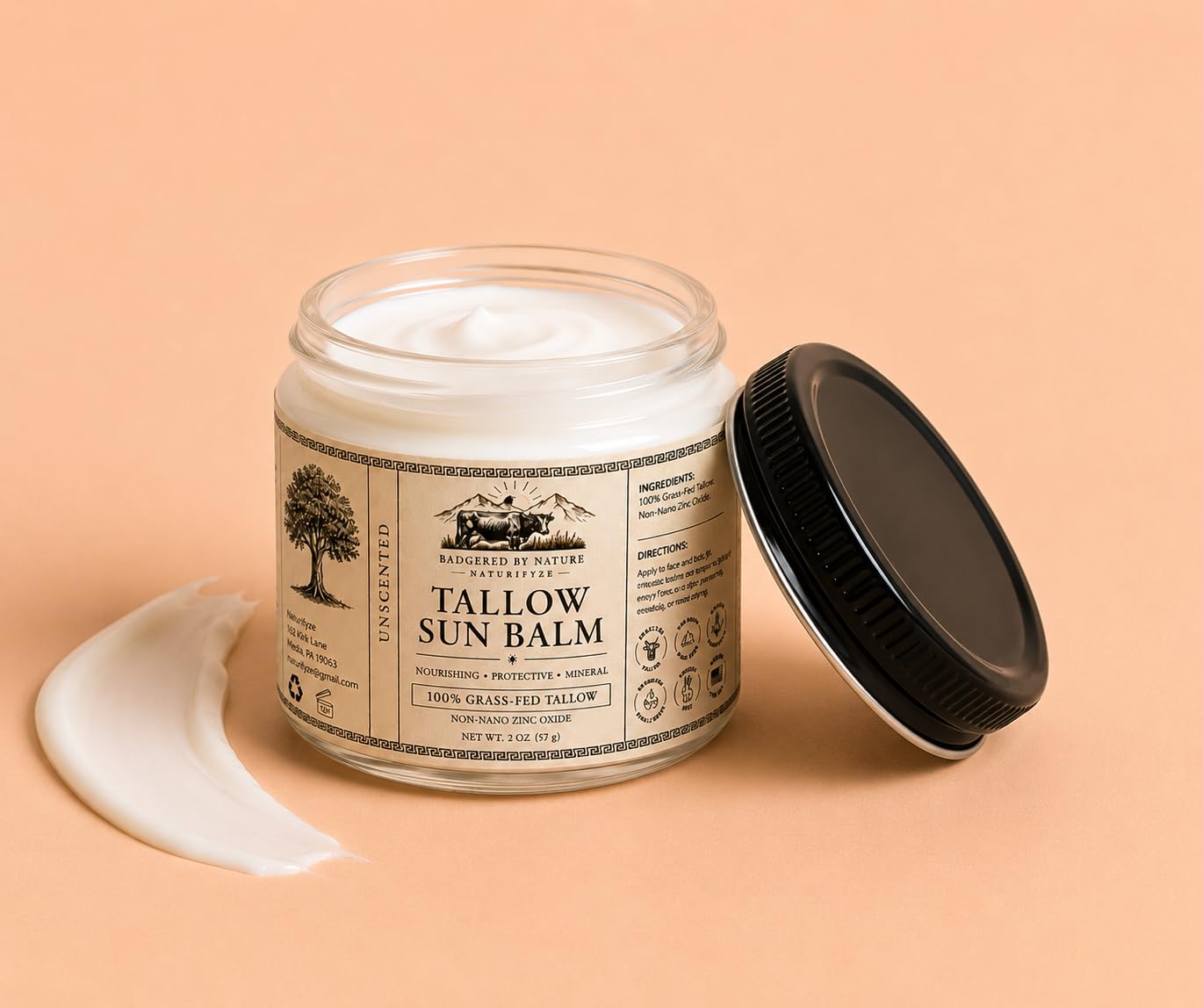 Tallow Sun Balm, Unscented, 100% Grass-Fed Tallow, Non-Nano Zinc Oxide, Nourishing Mineral Sun Balm, 2 oz